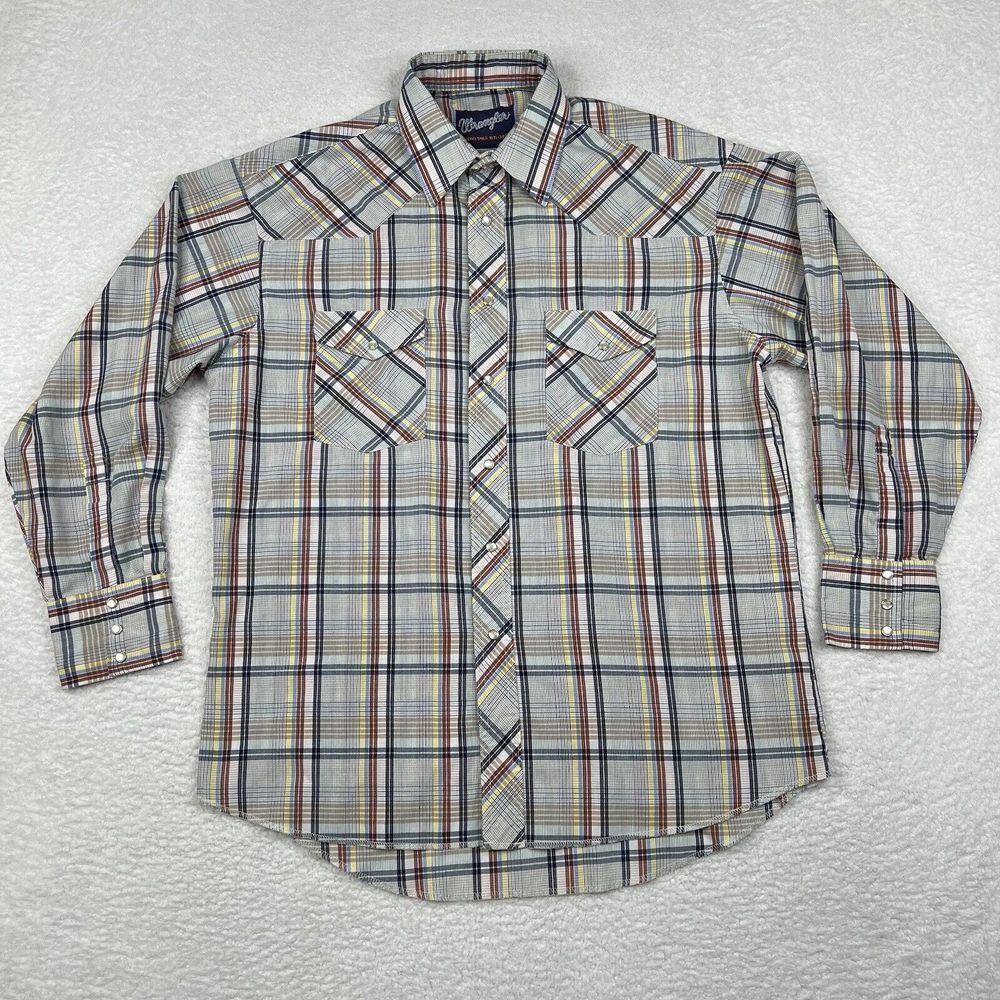 Vintage Wrangler‎ Shirt Mens Large X Long Tails Beige Plaid Pearl Snap Western